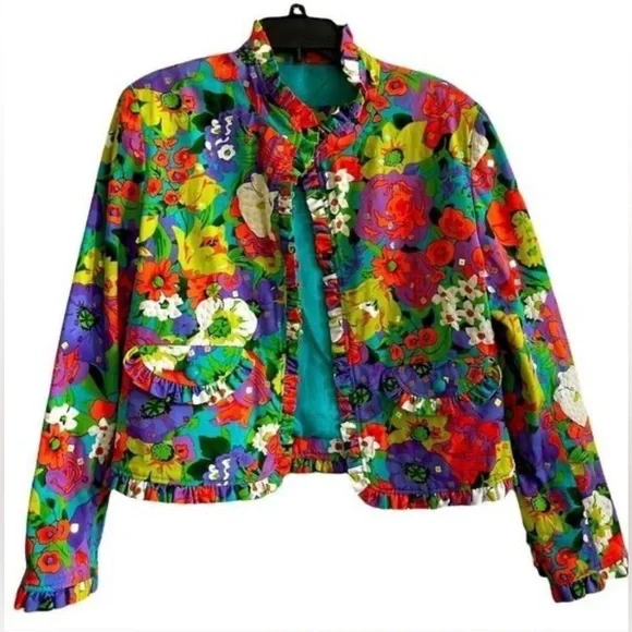 REDD Jeans Vintage Floral Sequin Cropped Jacket Ruffle Trim Festival Retro SZ 10 - Picture 2 of 9